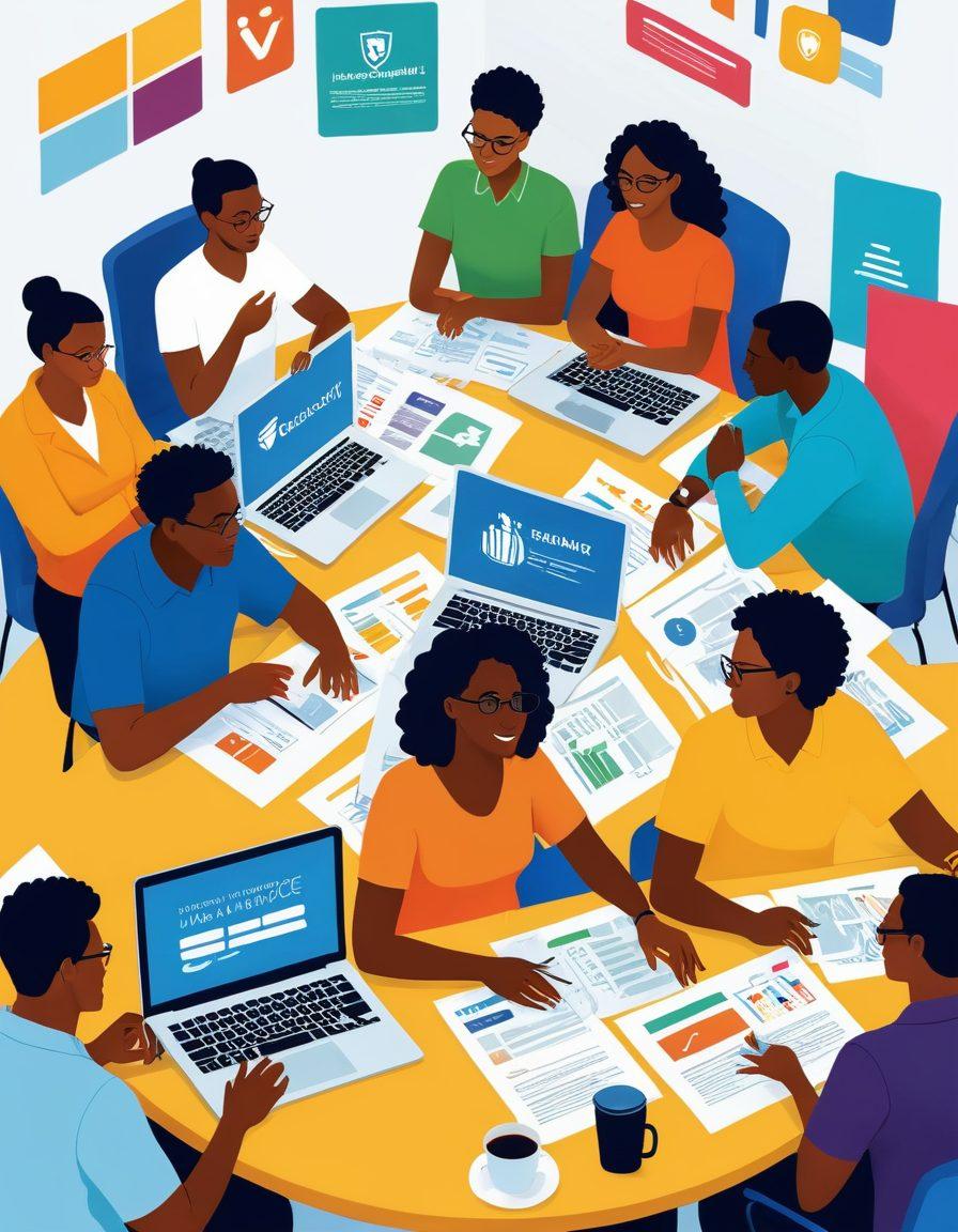 A diverse group of people enthusiastically studying different insurance plans in a bright, open marketplace. They are seated at tables with colorful brochures and laptops, surrounded by symbols of affordability and protection, like a shield and a dollar sign. The atmosphere should be welcoming and optimistic, emphasizing accessibility and support. vibrant colors. modern illustration.