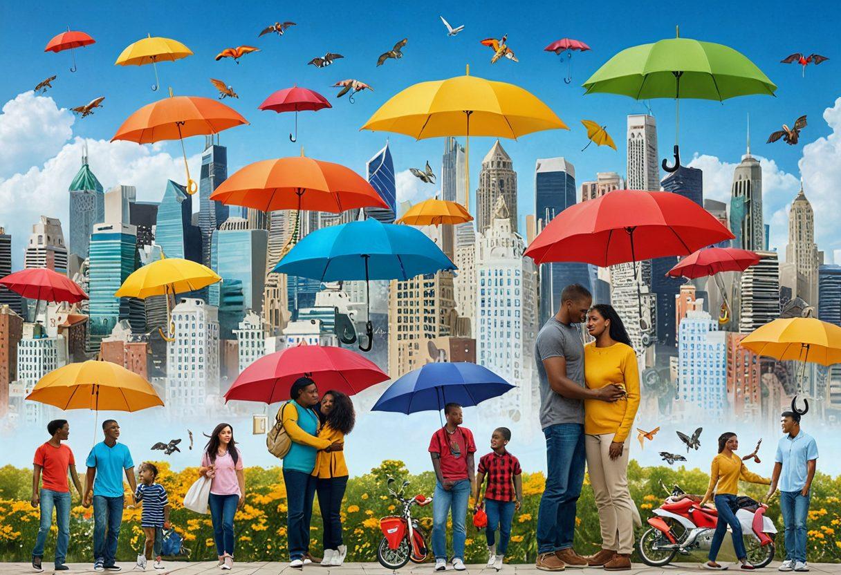A collage showcasing various insurance options like health, life, and travel, represented by diverse families and individuals engaging in everyday activities, surrounded by symbols of protection (umbrellas, shields). The background features a vibrant city skyline blending with tranquil nature elements, symbolizing balance in life. Calm yet engaging, this image should evoke feelings of safety and security. super-realistic. vibrant colors.